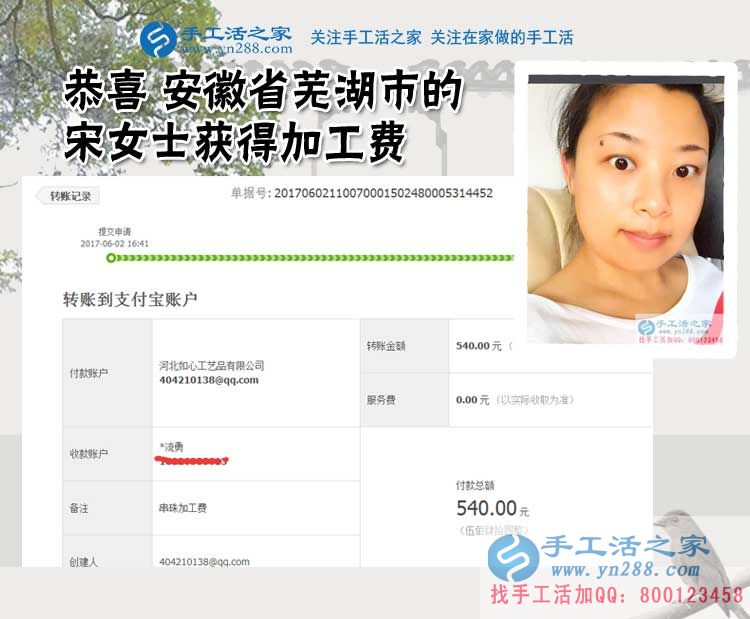  老客戶安徽蕪湖的宋女士又交貨了，這次帶來的是3幅手工活珠繡畫，加工費(fèi)540元